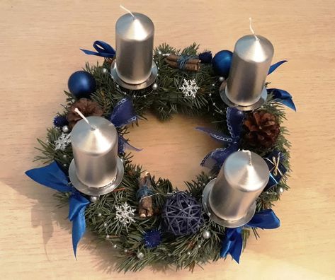 Homemade Advent Wreath, Christmas Advent Wreath, Advent Wreath, Christmas Advent, Blue Christmas, Blue And Silver, Hanukkah Wreath, Advent, Drawings