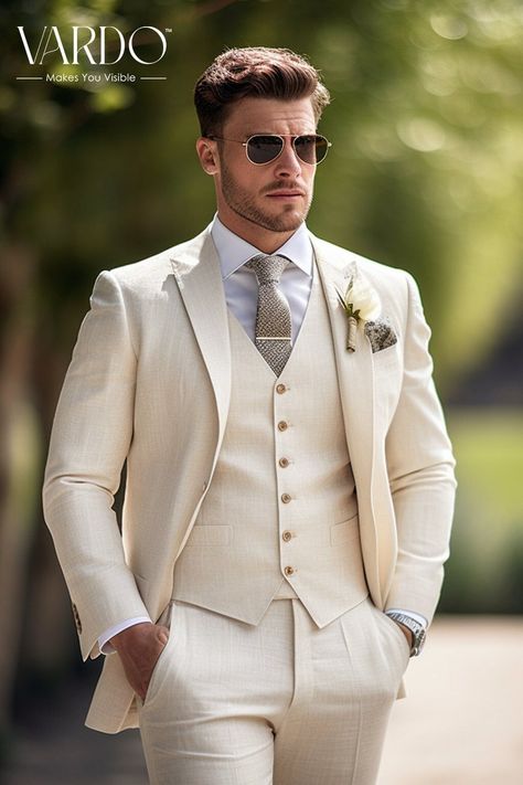 Classic Ivory Linen Three Piece Suit for Men Elegant Wedding Attire, Formal Events Handcrafted Men's Set the Rising Sun Store Vardo - Etsy Light Beige Groom Suit, Mens Ivory Suit Wedding, Men Suit Colors Wedding, Mens White Wedding Attire, Bridal Shower Groom Outfit, Off White Wedding Suit For Men, Men Pastel Suit, Cream Three Piece Suit, Men’s Wedding Style