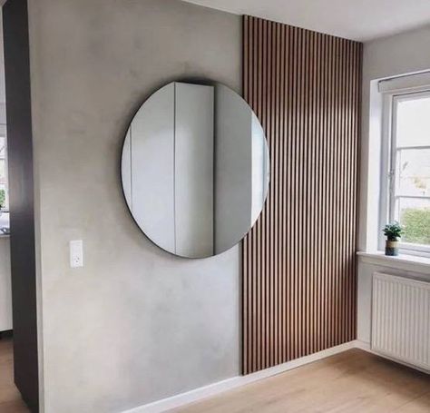 Wood Slat Wall Entryway, Timber Wall Panels, Entryway Stairs, Round Mirror Decor, Hall Mirrors, Living Room Wall Units, Timber Slats, Wood Slat Wall, Timber Walls