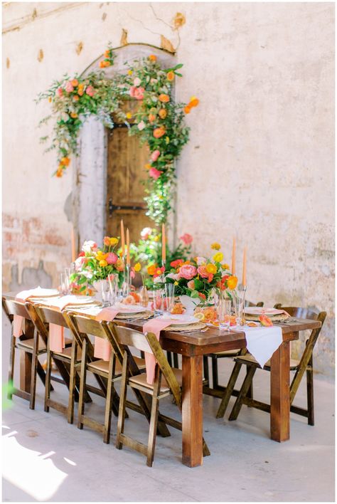 Pink Yellow Orange Table Setting, Pink Orange White Flowers, Orange Yellow Wedding Decor, Pink Orange Yellow Wedding Centerpieces, Orange Orchard Wedding, Pink Yellow Orange Wedding Colors, Red Orange Yellow Pink Wedding, Yellow Orange Wedding Flowers, Pink Orange Yellow Blue Wedding