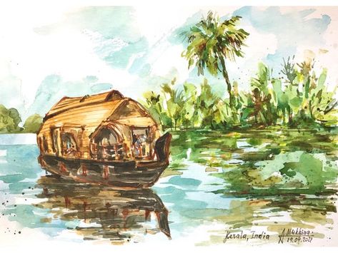 Mother Earth Drawing, Trees Watercolor, Kerala Backwaters, Earth Drawings, Kerala Mural Painting, Watercolor Architecture, Scenery Paintings, Holiday Painting, Boat Painting