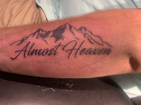 West Virginia boys. Wanted an outline of the state. Showed them this. Winner Almost Heaven Tattoo, West Virginia Tattoo Women, West Virginia Mountains Tattoo, Wvu Tattoos, West Virginia Tattoo Ideas, Virginia Tattoo Ideas, Jonah Tattoo, Tj Tattoo, Wv Tattoo