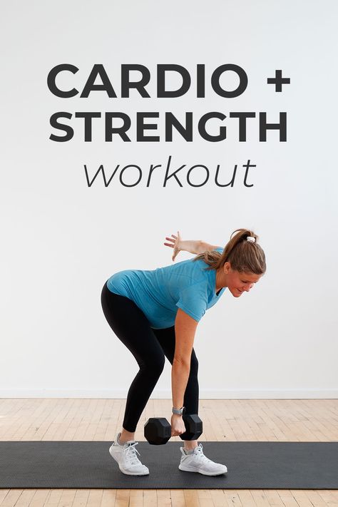 If you want an effective full body workout that builds muscle and burns fat; do this 35-minute cardio and strength training workout at home! Pairing dumbbell strength circuits with cardio Tabata intervals for a total body burn. Start with 2-3 dumbbell strength exercises to build muscle. Then test your cardio endurance with quick bursts of Tabata HIIT training. The best combination of cardio and weight training in one effective, full body workout! Effective Full Body Workout, Cardio And Strength Workout, Dumbbell Workout Routine, Dumbbell Workout At Home, 4 Week Workout, Full Body Dumbbell Workout, Full Body Cardio, Full Body Workout At Home, Body Workout At Home