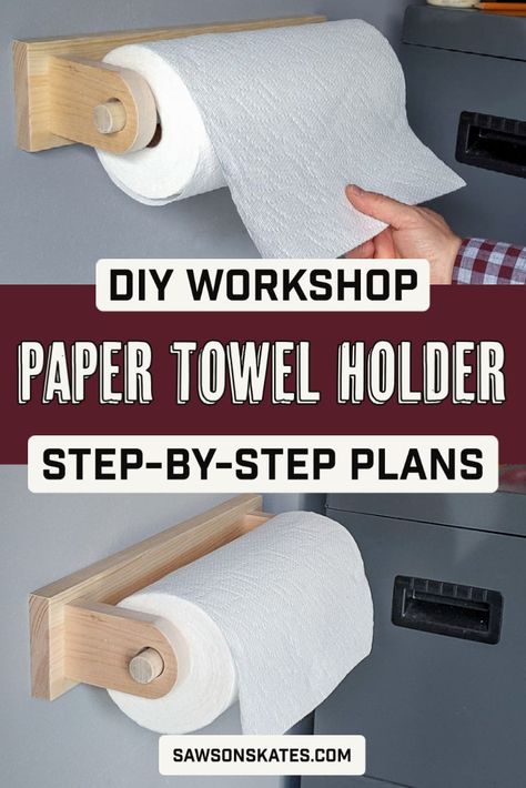 Keep your workshop organized with this easy DIY paper towel holder! Learn how to make one using scrap wood in just a few simple steps. Garage Paper Towel Holder, Shop Towel Holder, Farmhouse Paper Towel Holder Diy, French Cleat Paper Towel Holder, Diy Wooden Paper Towel Holder, Diy Wood Paper Towel Holder, How To Make A Paper Towel Holder, Paper Towel Holder Ideas, Diy Paper Towel Holder