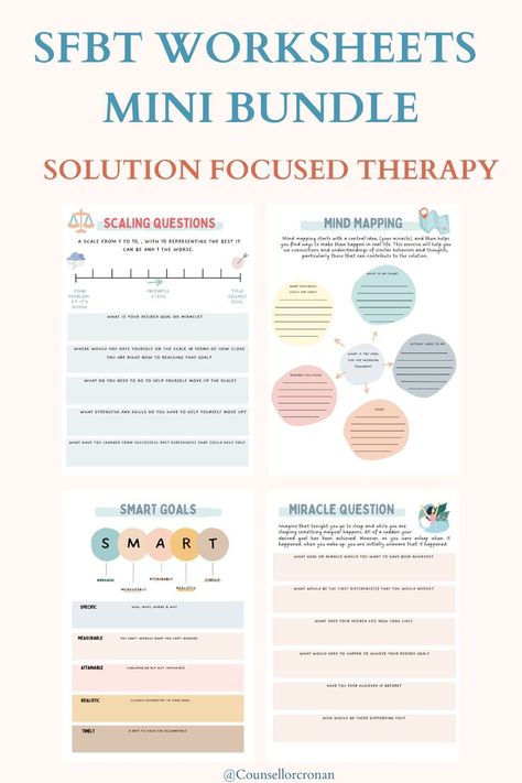 Solution-focused brief therapy (SFBT) is a strength-based approach, that focuses on solution-building rather than problem-solving. It places focus on a person's present and future circumstances and goals rather than past experiences. This bundle includes 7 worksheets in A4 size. - The miracle question - Scaling - Be your own cheerleader - Coping Skills -Exceptions - Mind Mapping -SMART Goals Miracle Question, Be Your Own Cheerleader, Therapist Tools, Math Art Activities, Smart Goals Worksheet, Goal Mapping, Therapy Questions, Solution Focused Therapy, Counseling Worksheets