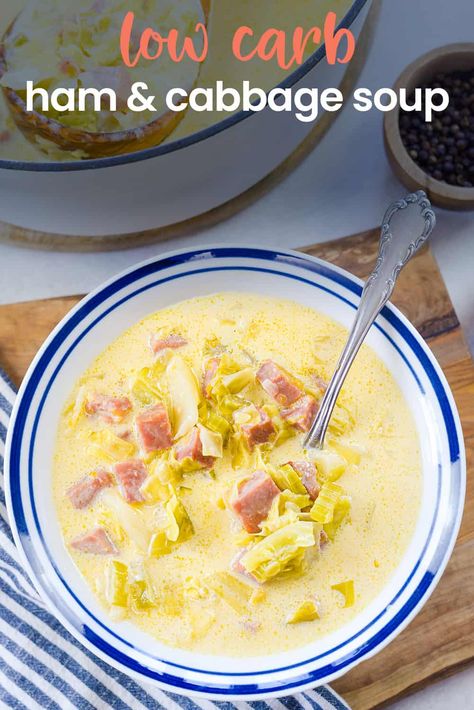 This Creamy Ham and Cabbage Soup is rich and cheesy, packed with tender cabbage and a perfect way to use up leftover ham. Ready in just 30 minutes and perfect for a chilly night. Ham Cabbage Soup, Ham Cabbage, Ham And Cabbage Soup, Ham And Cabbage, Low Carb Life, Dinner Pies, Low Carb Crock Pot Recipes, Cabbage And Sausage, Leftover Ham Recipes