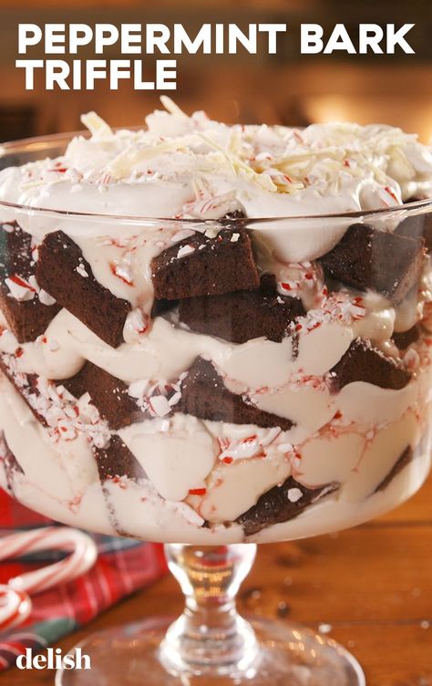 Peppermint Bark Trifle Is A Winter WonderlandDelish Christmas Desserts Peppermint, Peppermint Trifle, Trifle Bowl Recipes, Christmas Trifle, White Chocolate Shavings, Holiday Desserts Table, Chocolate Trifle, Making Whipped Cream, Trifle Desserts