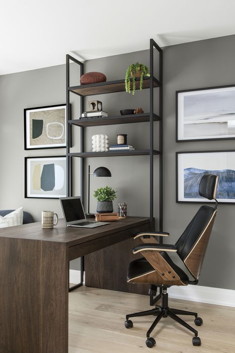 Love the wall color since it is darker but still keeps the room airy. I am guessing you will probably do a dark wood industrial theme office Office Interior Design For Men, Masculin Office Decor, Dark Wood Office Ideas, Grey And Brown Office Ideas, Office With Grey Walls, Home Office Ideas Dark Wood, Office Ideas Dark Wood Desk, Masculine Office Desks, Industrial Modern Home Office