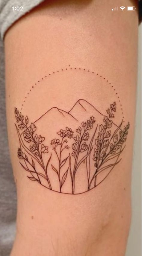 Small Matching Mountain Tattoos, Mountains Flowers Tattoo, Mountain Tattoo Flower, Mountain And Birth Flower Tattoo, Women’s Mountain Tattoos, Mountain And Flower Tattoo Simple, Glacier National Park Tattoo Ideas, Pnw Inspired Tattoo, Flowers And Mountains Tattoo