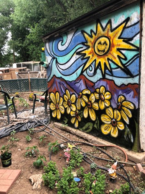 Spray Paint Murals, Boho Mural Ideas, Spray Paint Mural Wall Art, Shed Murals Outdoor Easy, Nature Graffiti Art, Garden Shed Mural Ideas, Spray Paint Mural, River Backyard, Painted Garden Shed Mural