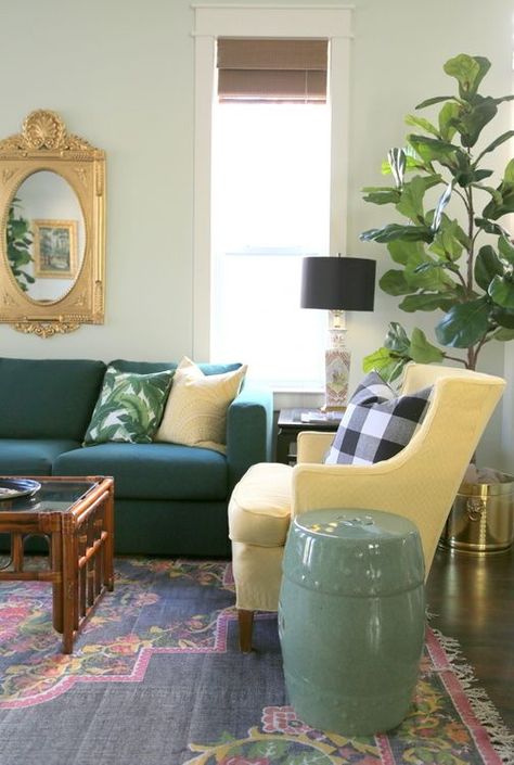 beach house design with dark green sofa, black rug, yellow chairs, Benjamin Moore Silken Pine on walls and fiddle fig leaf tree Silken Pine Benjamin Moore, Off White Wall Color, Dark Green Sofa, Dark Wood Floors Living Room, Fig Leaf Tree, Yellow Chairs, Simple Window Treatments, Pistachio Color, Shabby Chic Table And Chairs