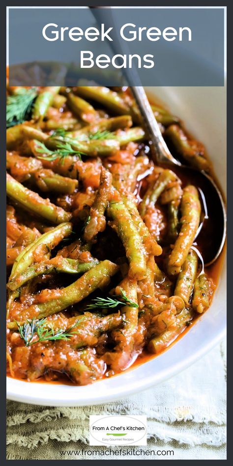 Green beans are braised in tangy tomato sauce, fruity olive oil with a touch of dill and garlic until buttery soft and tender in this easy Greek-inspired recipe. Greek Green Beans have an element of comfort yet sing with vibrant flavor! Mediterranean Green Beans, Greek Side Dishes, Greek Green Beans, Seasoned Green Beans, Italian Green Beans, Fall Eats, Braised Greens, Greek Recipes Authentic, Green Beans Recipe