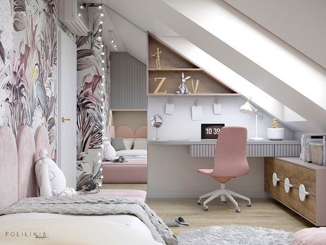 Girls room - Krakow on Behance Girls Room Makeover, Loft Room Ideas, Small Room Girl, Teenager Bedroom Design, Room Makeover Ideas, Teenage Room Decor, Diy Girls, Teenage Room, Attic Bedrooms