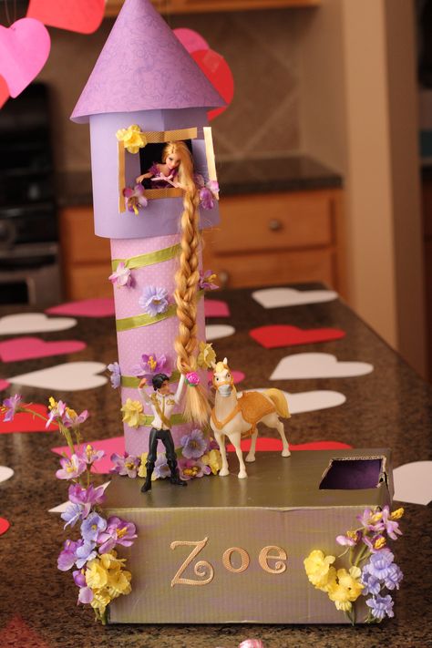 My daughter's Rapunzel tower Valentine box! #rapunzel Fun Valentines Crafts For Kids, Valentines Crafts For Kids, Girls Valentines Boxes, Valentine Boxes For School, Princess Valentines, Kids Valentine Boxes, Rapunzel Tower, Valentine Card Box, Purple Valentine