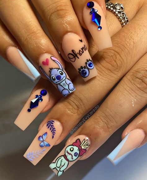 Lilo And Stitch Nails Easy, Gel Nails Disney, Stitch Nail Designs, Lilo And Stitch Nails, Disney Gel Nails, Stitch Nails, Stitch Things, Cartoon Nail Designs, Pink Wedding Nails