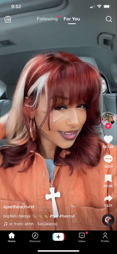 Cherry Red With Blonde Highlights, Copper Curly Hair, Burgundy Hair Dye, Copper Brown Hair Color, Red Hair With Bangs, Red Hair With Blonde Highlights, Cherry Red Hair, Red Blonde Hair, Blonde Streaks