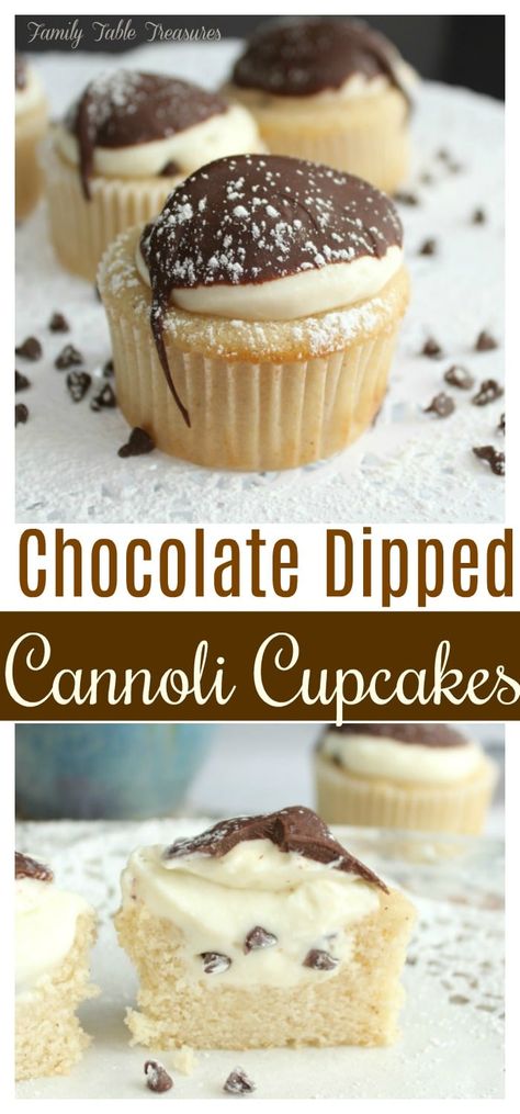 Chocolate Dipped Cannoli Cupcakes - Family Table Treasures Cannoli Cupcakes, Cannoli Cupcake, Dessert Halloween, Low Carb Snack, Italian Dessert, Gateaux Cake, Family Table, Easy Cookie Recipes, Italian Desserts