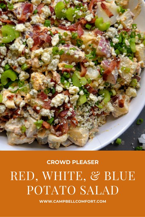 A potato salad with a patriotic nod that is full of flavor thanks to blue cheese and bacon! You will want to make it just the way it is and perfect for pairing with all the things. Bacon Blue Cheese Potato Salad, Patato Salad, Blue Cheese Potato Salad, Potato Salad No Mayo, Smoked Potatoes, Blue Potatoes, Red Potato Salad, Potato Salads, Cheese Potato