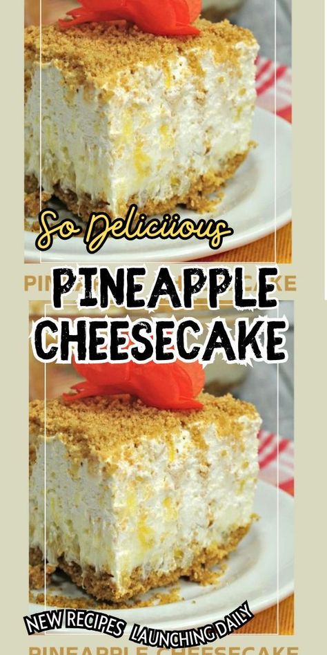 Treat yourself to a taste of paradise with our irresistible Pineapple Cheesecake recipe! This decadent dessert combines the creamy richness of cheesecake with the sweet tanginess of pineapple, creating a delightful symphony of flavors that will transport your taste buds to a tropical oasis. 🏝️✨ Pineapple Dream Cheesecake, Pineapple Heaven Cheesecake, Pineapple Cheesecake No Bake, Pineapple Cheesecake Recipes, No Bake Pineapple Cheesecake, Cream Cheese Recipes Dessert, Pineapple Dream Dessert, Pineapple Cheesecake, Pineapple Delight