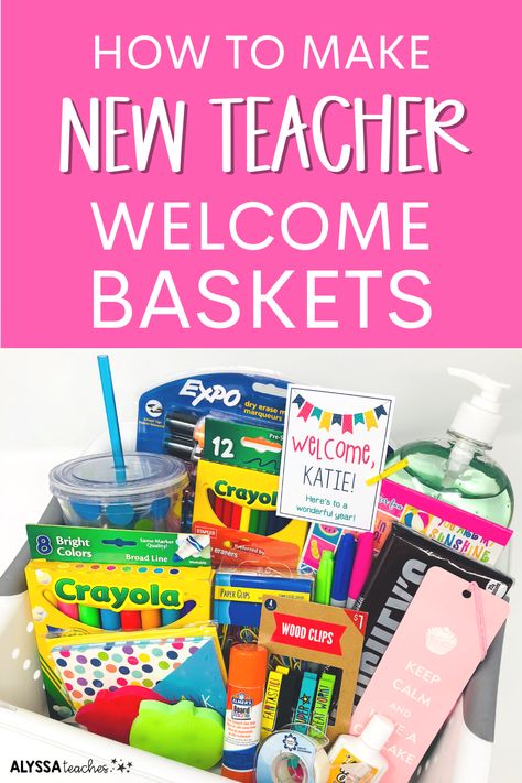 If you have new staff joining your school, you'll love these ideas for making new teacher welcome baskets! Click through to see my suggestions and tips to make cute and affordable baskets full of new teacher must-haves! New Staff Welcome Gift, Welcome New Teachers Gift Ideas, Welcome Teacher Gifts, Back To School Teacher Basket Ideas, Teacher Mentor Gifts, First Year Teacher Gifts Basket, New Teacher Welcome Gift, New Teacher Orientation Ideas, New Teacher Welcome Basket