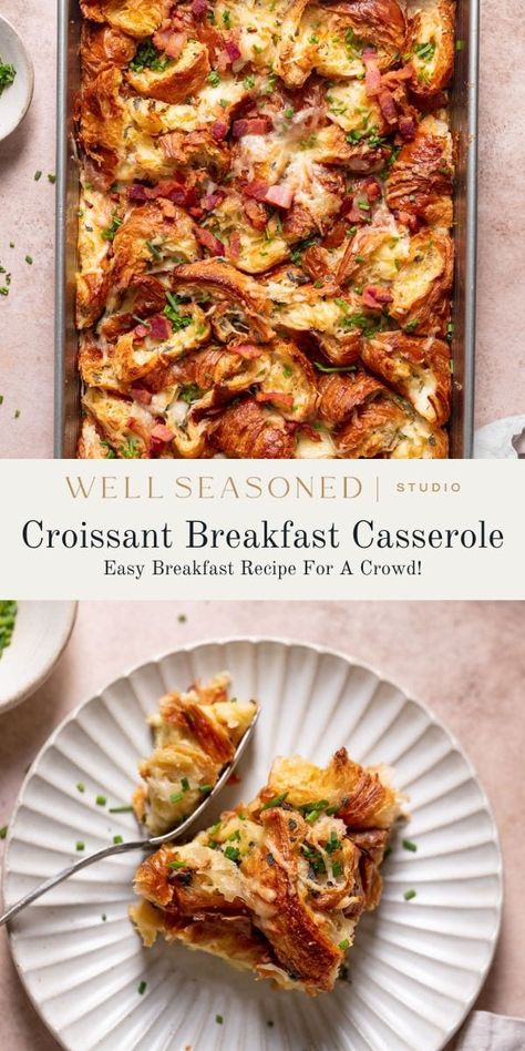 Take the stress out of hosting brunch with our easy, impressive Croissant Breakfast Casserole! Tender, flaky croissants, crispy bacon, and Gruyere and white Cheddar cheeses are piled high in a baking dish along with a creamy custard of eggs and heavy cream. It's pure indulgence and is just as good on a Sunday morning as it is for a holiday brunch. Will easily feed 8 hungry guests! #wellseasonedstudio #croissant #breakfastcasserole #bakedfrenchtoast Cheese And Bacon Strata Cake, Savory Brunch Casserole, Breakfast With Croissants Ideas, Savory Croissant Breakfast Casserole, Christmas Croissant Breakfast, Bacon Egg And Cheese Croissant Casserole, Breakfast Bake With Croissants, Croissant Boats Breakfast, Christmas Breakfast Casserole Bacon