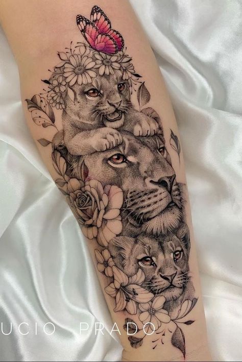 Illustrative Lion Tattoo, Mama Lion And 4 Cubs Tattoo, Animal Leg Sleeve Tattoo Women, Realistic Leg Tattoo, Lower Leg Tattoos Women Unique, Best Friend Tattoo Ideas, Friend Tattoo Ideas, Best Friend Tattoo, Cute Foot Tattoos