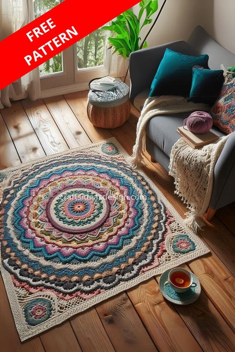 Add a touch of handmade elegance to your home with a gorgeous crochet mandala rug. Learn how to create this stunning and functional centerpiece with our detailed pattern. Boho Crochet Rug Patterns Free, Crochet Kitchen Mat, Crochet Centerpiece Pattern Free, Mandala Crochet Rug Free Pattern, Crochet Oval Rug Pattern Free, Knit Rug Pattern, Mandala Crochet Free Pattern, Free Crochet Rug Patterns, Crochet Mandala Rug