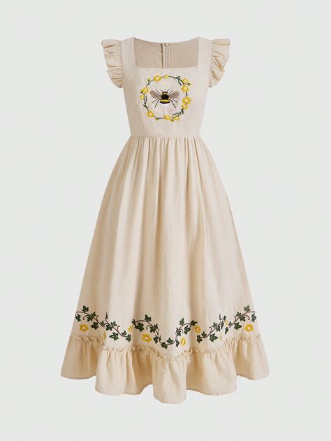 ROMWE Fairycore Vintage Cottagecore Women's Bee Embroidery Flutter Sleeve Dress With Country StyleI discovered amazing products on SHEIN.com, come check them out! Midsommar Dress, Meg Aesthetic, Style Priorities, Plus Size Cottagecore Fashion, Modern Hobbit, Bee Clothes, Plant Dress, Clothes Cottagecore, Honey Dress