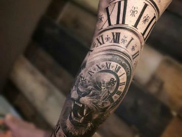 Clock & Lion Morph Tattoo Side Leg Tattoo, Leg Tattoos For Men, Tattoo Calf, Tattoo Ideas For Guys, Calf Tattoo Men, Thigh Tattoo Men, Guerriero Samurai, Leg Tattoo Ideas, Best Leg Tattoos