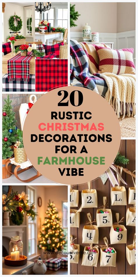 Add rustic warmth to your holiday season with these 20 beautiful farmhouse Christmas decor ideas. Country Style Christmas Decorations, Red Truck Christmas Decor Ideas, Country Christmas Decorations Farmhouse, Christmas Rustic Decor Ideas, Cabin Christmas Decor Rustic, Christmas Sideboard Decor, Farmhouse Christmas Mantle Decor, Christmas Tree Decorations Farmhouse, Farmhouse Christmas Tree Decorations