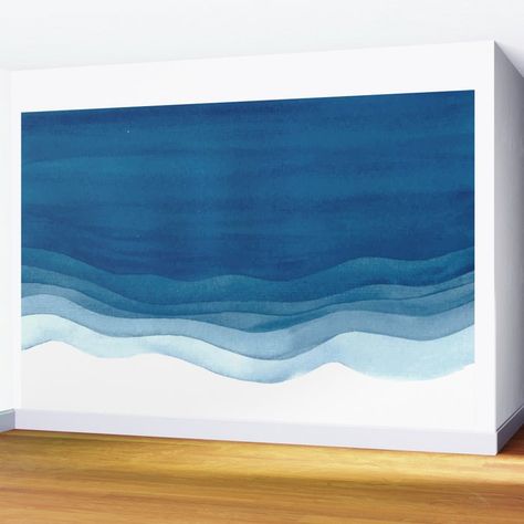 Watercolor blue waves Wall Mural Diy Wave Mural, Wave Wall Painting, Ocean Wall Painting, Water Mural, Wave Mural, Waves Wall Mural, Ocean Wall Mural, Room Painting Bedroom, Blue Mural