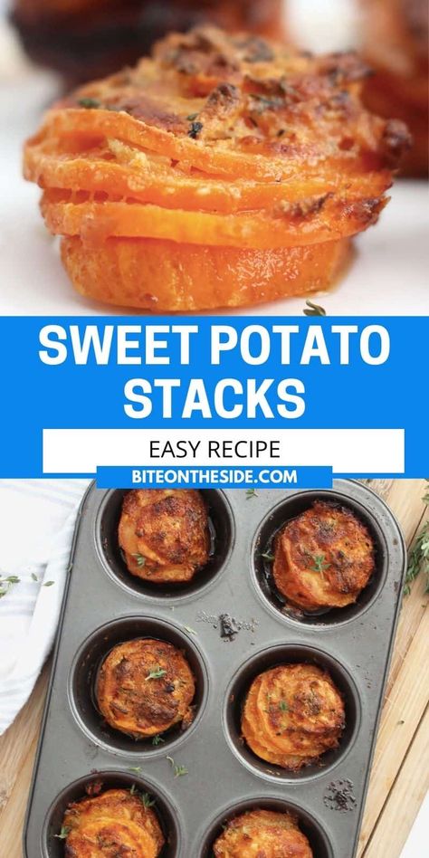 Potato Stacks Muffin Tins, Sliced Sweet Potatoes, Sweet Potato Appetizers, Potato Stacks Recipes, Baked Sweet Potato Slices, Sweet Potato Stacks, Parmesan Potato Stacks, Scalloped Sweet Potatoes, Sweet Potato Cupcakes