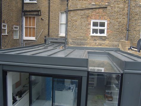 Zinc Roofing | Chelsea - Eco Roofing Roof Patio Ideas, Glazed Roof Extension, Zinc Roof Extension, Flat Roof Extensions Uk, Zinc Flat Roof Extension, Zinc Cladding Extension, Zinc Flat Roof, Conservatory With Solid Roof, Sydney Terrace