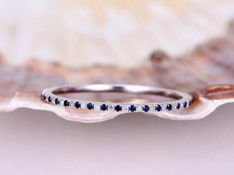 Sapphire Wedding Bands For Women, Engagement Ring Stacking, Blue Sapphire Wedding Band, Sapphire And Diamond Band, Dainty Band, Sapphire Wedding Band, Future Style, Full Eternity Ring, White Gold Wedding Bands