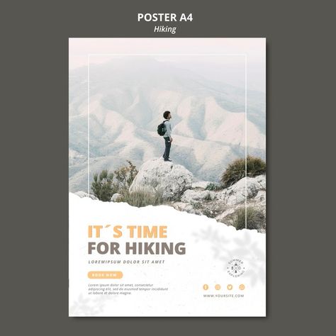 Hiking concept poster template | Free Psd #Freepik #freepsd #poster #travel #design #template Clean Poster Design, Leaflet Ideas, Print Ad Design, Spa Advertising, Yoga Template, Concept Poster, Poster Template Free, Poster Template Design, Poster Presentation Template