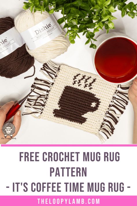 Coffee lovers unite! Make this adorable It's Coffee Time Mug Rug for yourself or as a quick crochet gift for a coffee lover with the free crochet mug rug pattern from The Loopy Lamb! #freecrochetpattern #crochetcoaster #crochetmugrug #quickandeasycrochet #crochetgift Mug Rug Crochet, Crochet Mug Rug, Mug Rug Pattern, Crochet Cup Coaster, Quick Crochet Gifts, Crochet Mug, Crochet Mug Cozy, Rug Crochet, Crochet Coffee Cozy