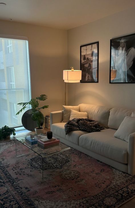 Grey Walls Small Living Room, Apartment Decorating Classy, Room Inspo Living Room, Apartment Living Room On A Budget, Living Room Decor White Floor, Small Table By Window, Beige Aesthetic Apartment Living Room, Apartment Inspo Black And White, Dark Wood Walls Living Room