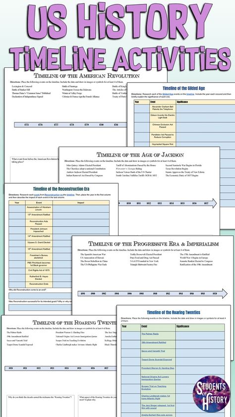 Middle School Us History, Timeline Activities, Timeline Worksheet, History Classroom Decorations, 8th Grade History, History Interactive Notebook, American History Timeline, Teaching Us History, History Lesson Plans