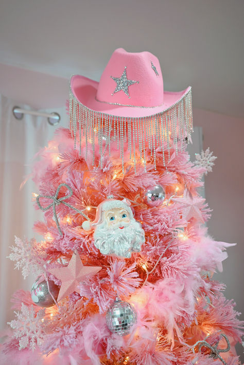 Disco Tree Topper, Boho Pink Christmas Tree, Disco Christmas Tree Decorating Ideas, Dolly Christmas Party, Pink Tree Decorations Decorating Ideas, Disco Cowgirl Christmas Tree, Pink Disco Christmas Tree, Dolly Parton Christmas Tree, Western Christmas Decorations Diy