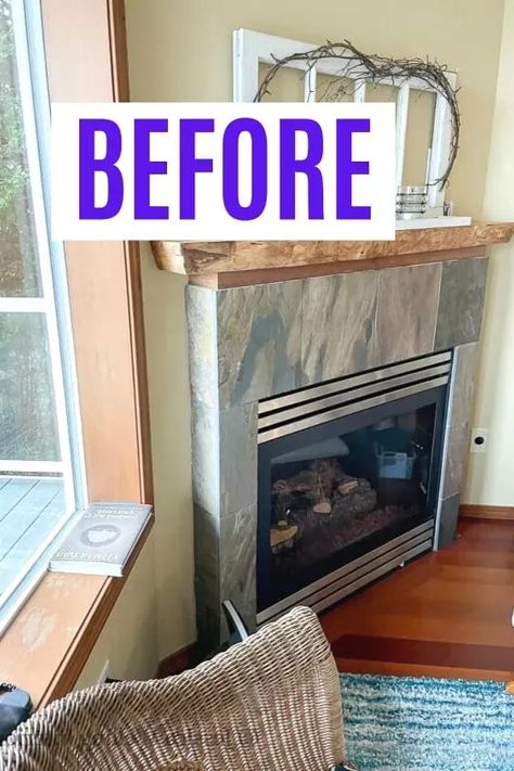 See how they transformed their old outdated fireplace with this modern upgrade using stick on stone tiles. We can't believe the before and after fireplace makeover photos. #fireplacemakeover #fireplacebeforeandafter Before After Living Room, Before And After Fireplace, Stone Tile Fireplace, Quick Home Improvements, Diy Fireplace Makeover, Slate Fireplace, Living Room Fireplace, Tile Fireplace, Painted Slate