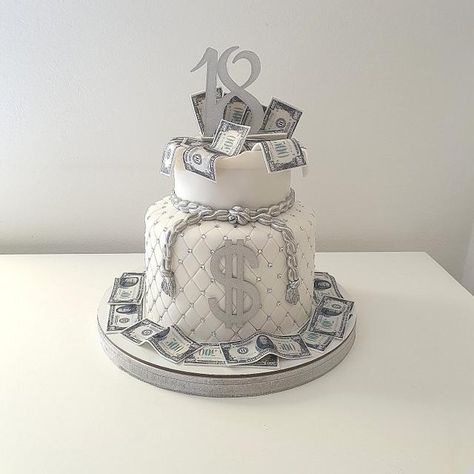 18th Birthday Cake Money, Money Cake Ideas For Women, Money Bag Cake Birthday, Money Bday Cake, Cake With Money Design, Cake Money Design, Money Cakes Birthday, Birthday Cake With Money, Money Party Theme