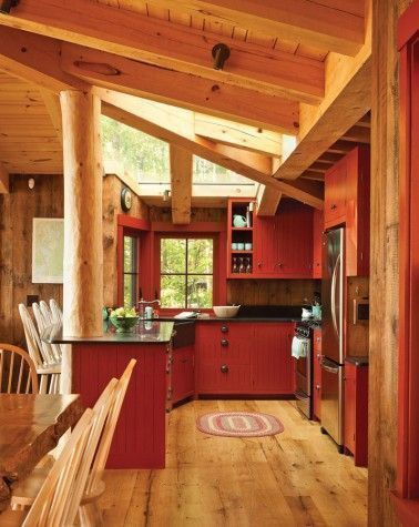 Red Kitchen Cabinets, Maine Homes, Red Cabinets, Maine Cottage, Rustic Kitchen Cabinets, Rustic Modern Kitchen, Farmhouse Kitchen Cabinets, Rustic Kitchen Design, Residential Architect