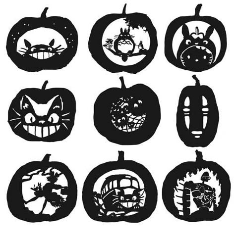 The first Totoro one, the Kiki's Delivery Service one under it, and No Face from Spirited Away Cat Bus Pumpkin Carving, Kiki's Delivery Service Pumpkin Carving, Halloween Pumpink Carving Ideas, Soot Sprite Pumpkin Carving, No Face Pumpkin Carving, Studio Ghibli Pumpkin Carving Stencil, Kiki's Delivery Service Pumpkin, Nerd Pumpkin Carving, Pumpkin Carving Ideas Studio Ghibli