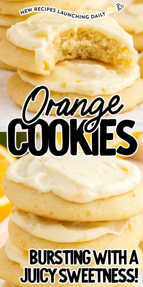 Enjoy the sweet and indulgent flavor combination of citrusy orange and creamy frosting when you make a batch of these soft orange cookies. What To Make With Orange Juice, Orange Coconut Cookies, Easy Orange Cookies, Fullfilling Food, Frosted Cookies Recipe, Soft Orange Cookies, Orange Cookies Recipes, Orange Creamsicle Cookies, Oranges Recipe