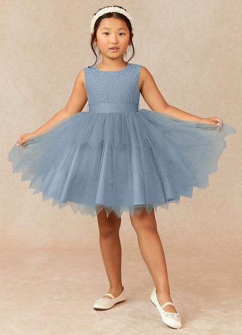 Chica is our adorable flower girl dress crafted from tulle and lace. She features a scoop neckline with a V-back. The look is complete with a knee length ruffle A-line skirt and satin sash that leads to a self tie bow. Dusty Blue Flower Girl, Blue Flower Girl, Flower Girl Dresses Blue, Toddler Flower Girl Dresses, Tulle Flower Girl, Satin Sash, Flower Girl Dresses Tulle, Dress Dusty, Dress Inspo