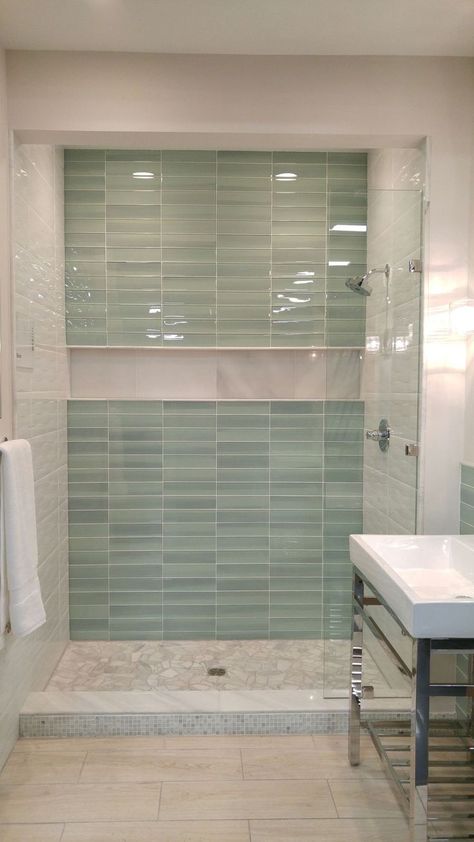 Bath Tile, Bathroom Redesign, Long Shelf, Bathroom Remodel Shower, Bathroom Remodel Designs, Bathroom Trends, Green Tile, Shower Remodel, Bathroom Renos