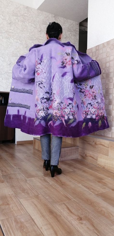 Winter Wedding Coat, Embellished Coat, Felt Fashion, Nuno Felt, Plus Size Winter, Long Winter Coats, Purple Jacket, Wool Handmade, Hand Felted