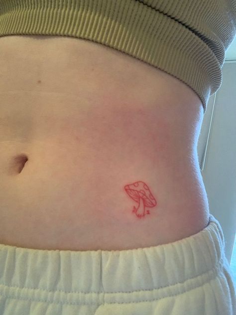 Minimalist Tattoo Red Ink, Red Ink Mushroom Tattoo, Two Mushrooms Tattoo, Red Sticker Tattoo, Mushrooms Tattoo Ideas, Single Mushroom Tattoo, Strawberry Mushroom Tattoo, Mushroom Tattoo Minimalist, Minimalist Tattoo Mushroom