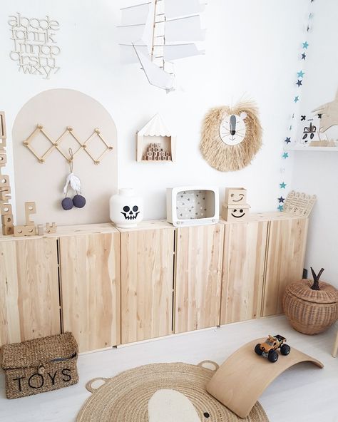 Ivar Playroom, Ikea Ivar Shelves, Rustic Kids Rooms, Kids Rooms Inspo, Ikea Trofast, Ikea Ivar, Playroom Storage, Toddler Rooms, Wall Decor Design