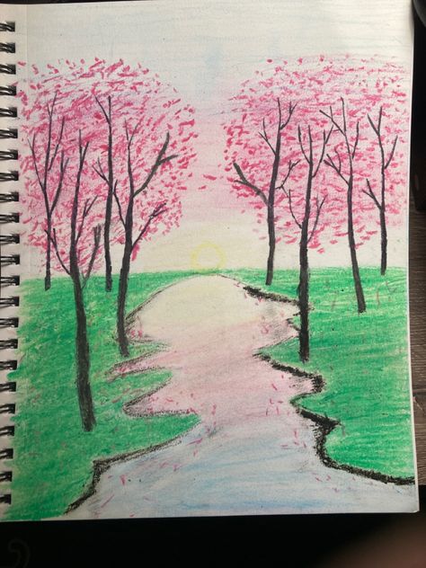 Simple Drawing With Color, Easy Spring Drawings Simple, Spring Sketches Drawings, Easy Landscape Ideas Drawing, Spring Landscape Drawing, Spring Drawing Easy, Spring Season Drawing, Spring Drawing Ideas, Landscape Ideas Drawing